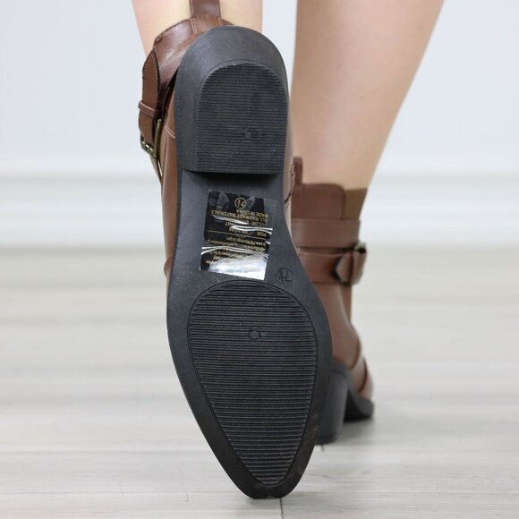 Brown Ankle Boots Buckle Strap Faux Leather Low Block Heel Side Zip - Picture 14 of 14